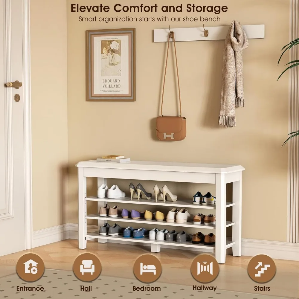 مقعد رف أحذية خشبي حديث من 3 طبقات من منتصف القرن مع بناء من الخشب المطاطي، يدعم ما يصل إلى 550 رطل، مثالي للمدخل المدمج