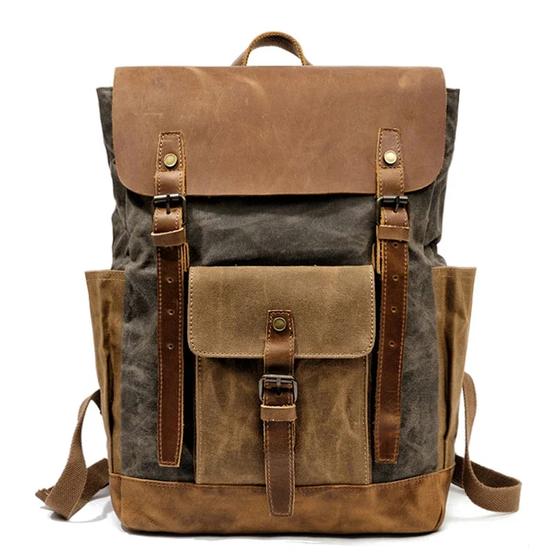 MUCHUAN Oil Wax Canvas Cow Leather Backpacks Unisex Waterproof Rucksacks 15\