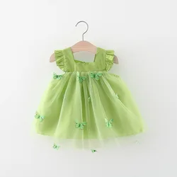 Summer girl dress children's solid color mesh three-dimensional butterfly patchwork small flying sleeve princess dress