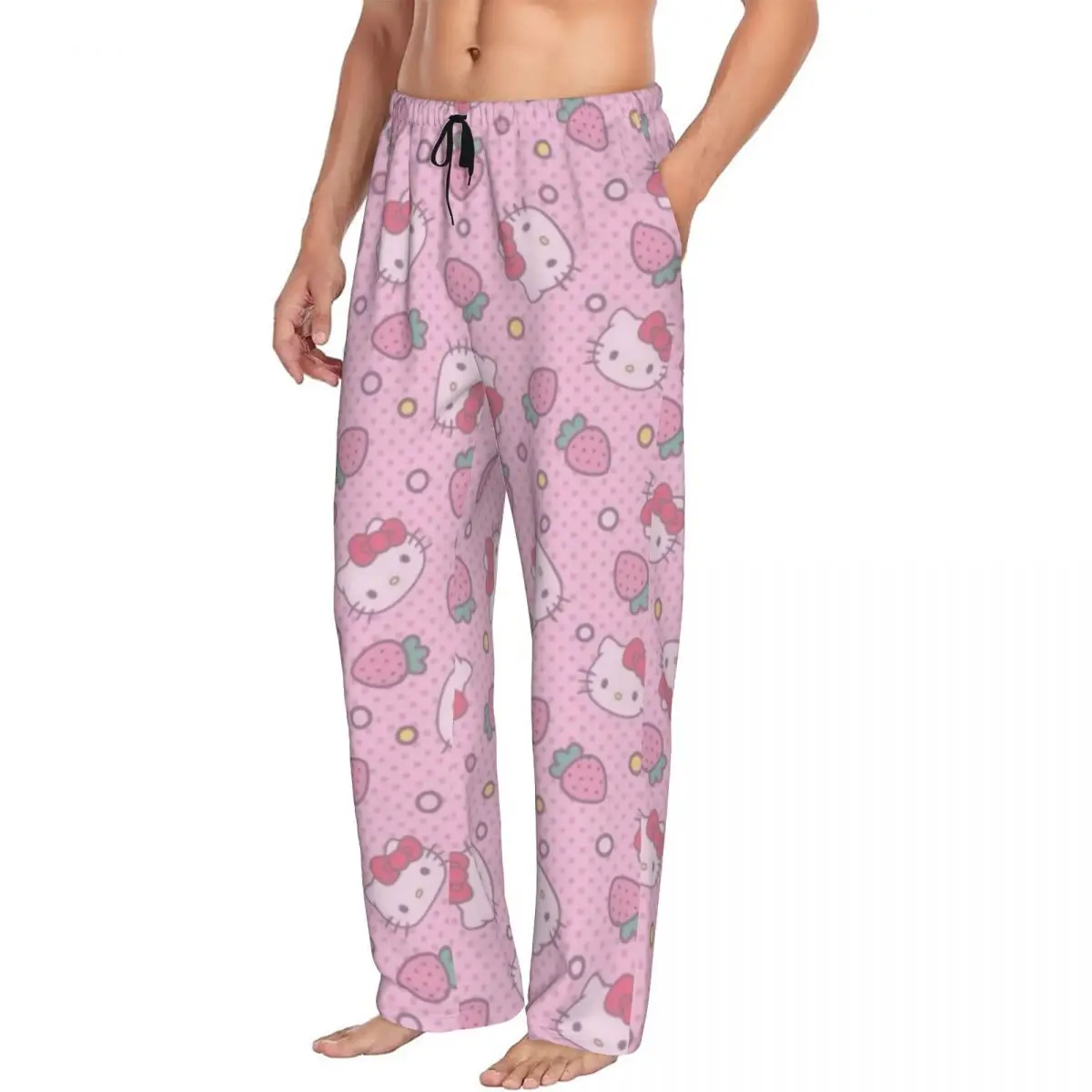 Calça pijama anime Hello Kitty masculina, arco rosa, personalizada, lounge, sono, estiramento, roupa de dormir, fundo com bolsos, anime