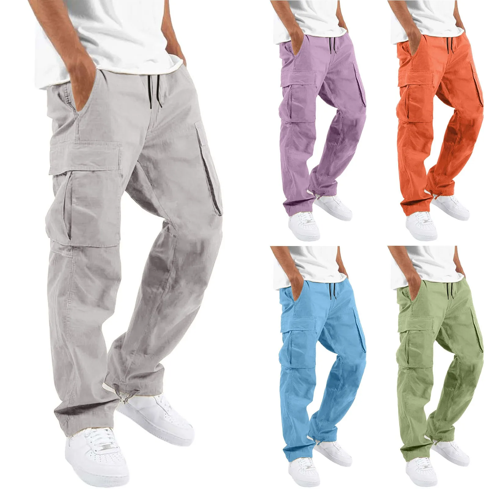 Mens Solid Color Cargo Pants Y2k Aesthetics Outdoor Sports Trousers Loose Wide Leg Straight Overalls Sweatpants Pants Trousers