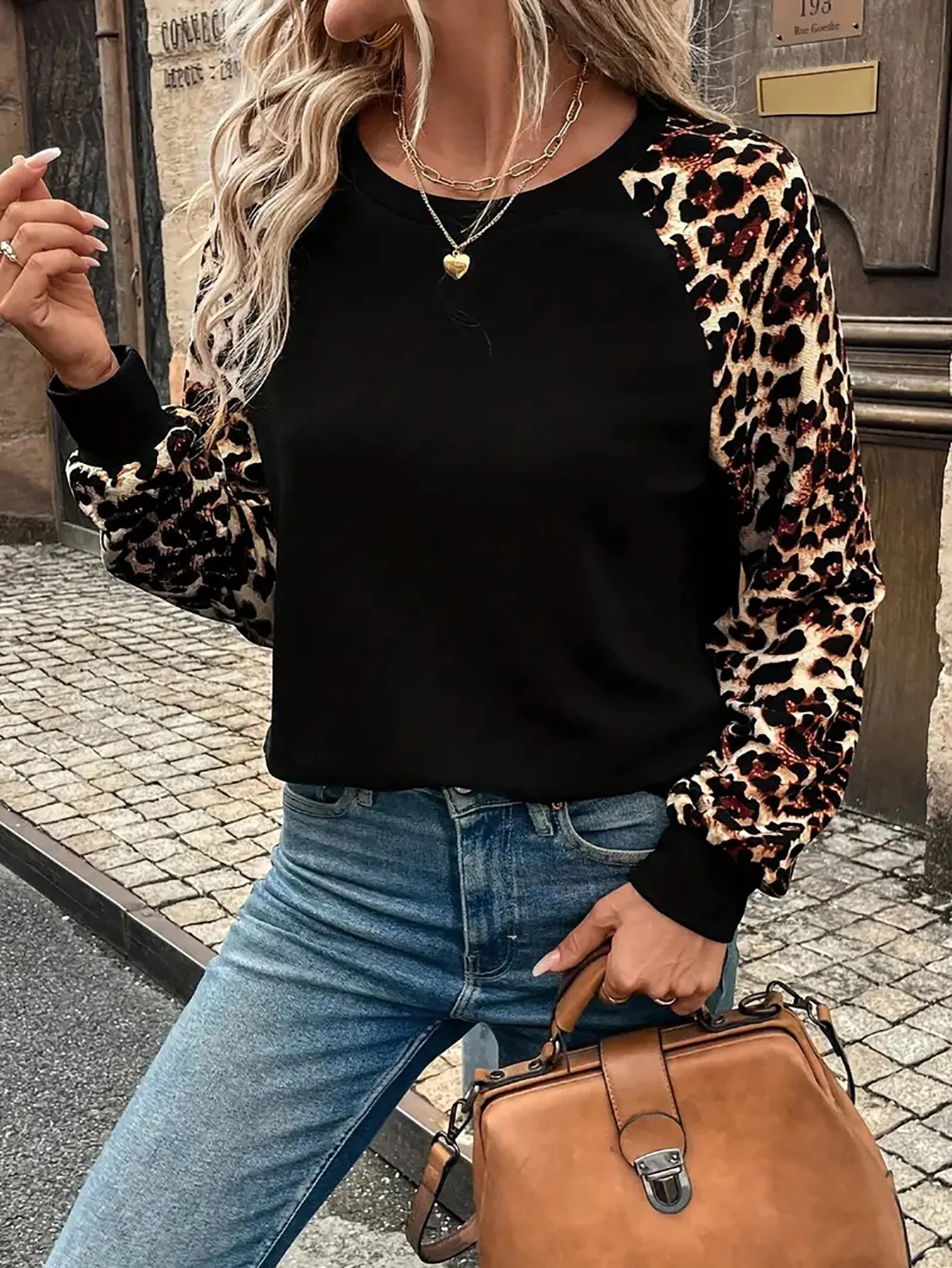 Aamikast Big Size Women Casual Pullover Leopard Loose T-shirt Sweatshirt jesień zima Tops Color Blocking Round Neck Long Sleeve