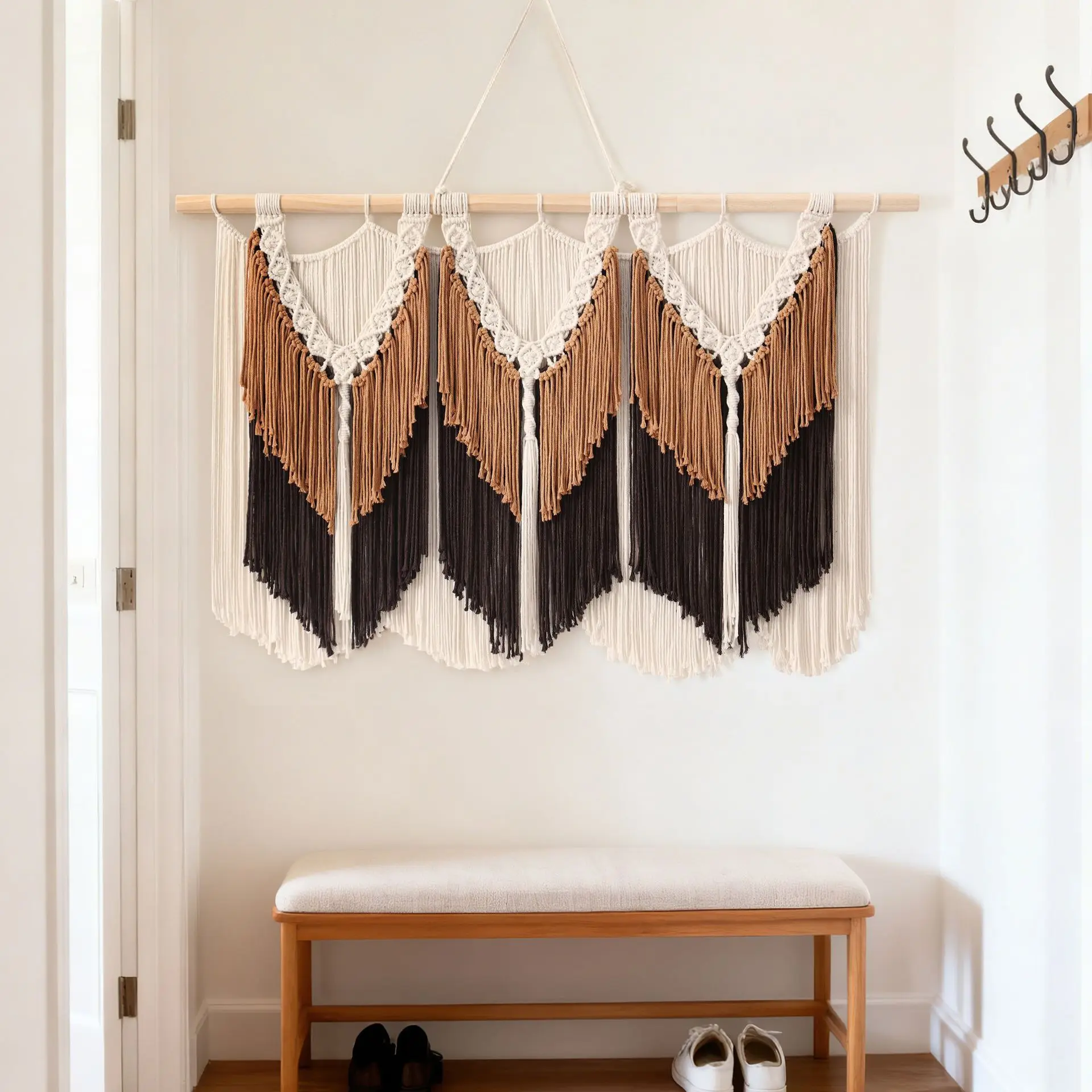 Tri-Color Macrame Wall Hanging, Handwoven Layered Fringe Tapestry, Boho Large Wall Art for Bedroom Sofa Home Decor