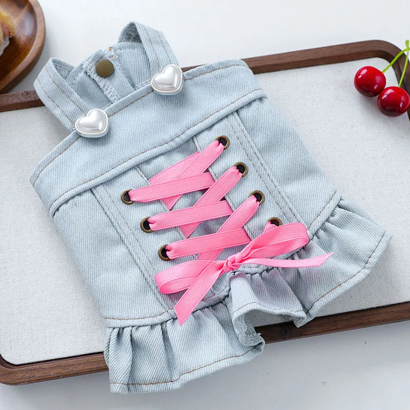 

Luxury Dog Clothes Light Blue Girls Denim Straps Dresses For Small Dogs Yorkie Chihuahua Pet Costume Puppy Female Dress Skirt XS