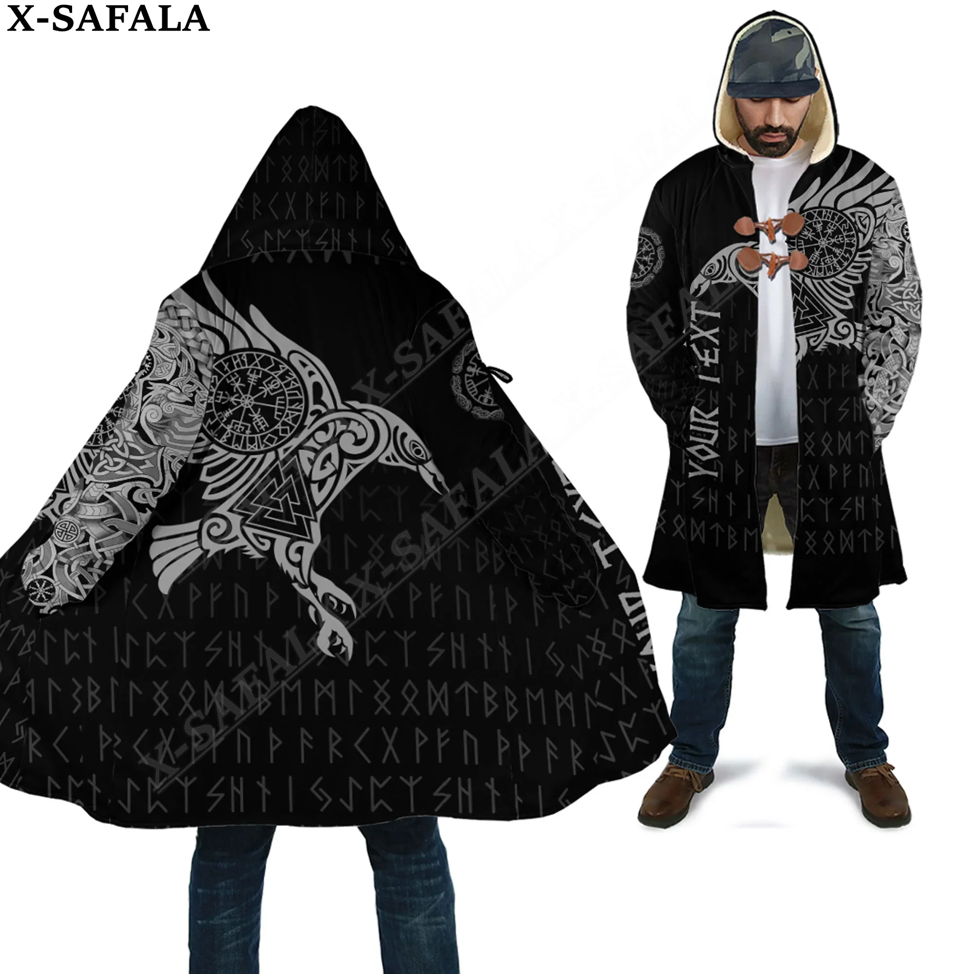 The Raven Of Odin Tattoo Viking Symbol Overcoat Coat 3D Print Thick Warm Hooded Cloak  Men Windproof Fleece Unisex-1