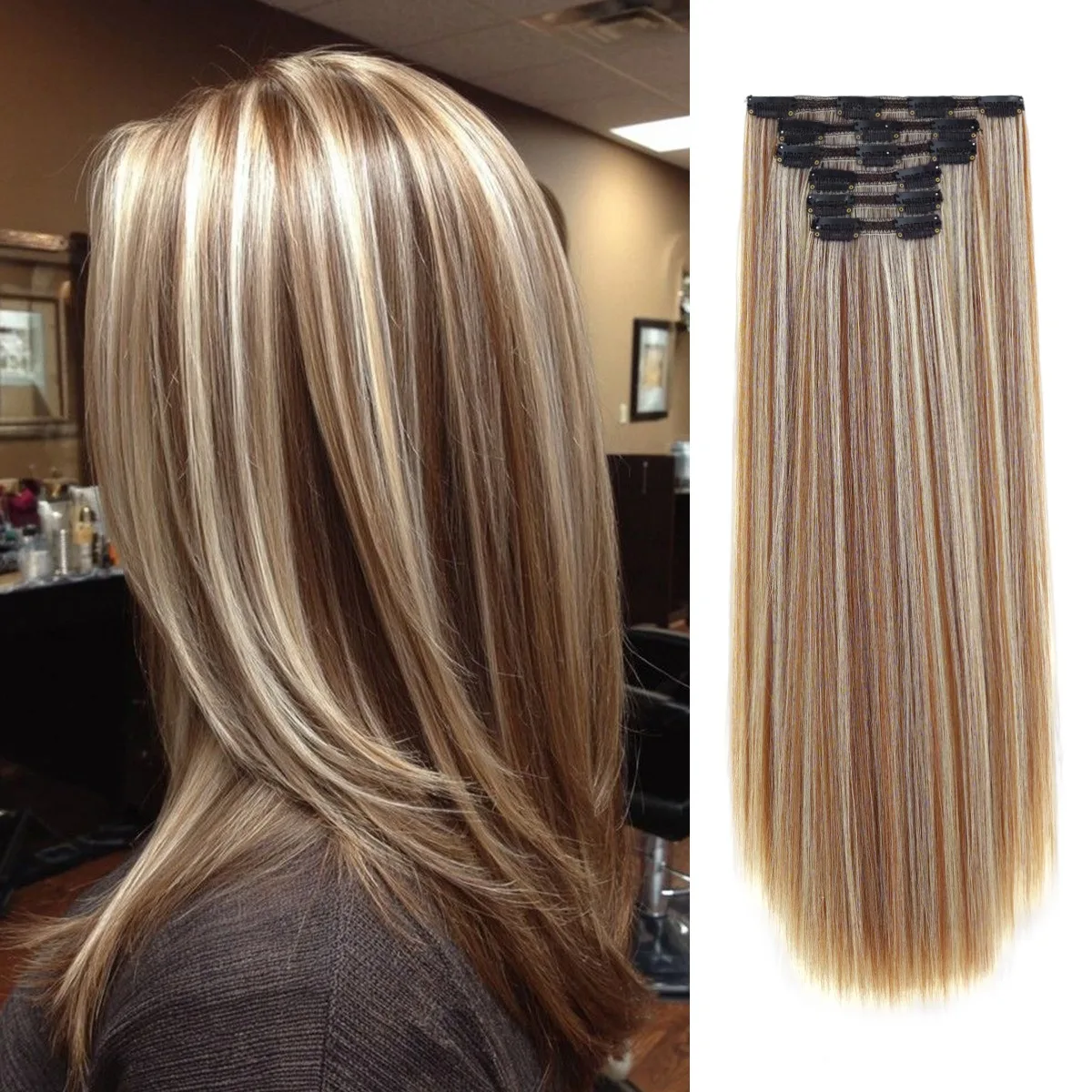 26 بوصة الاصطناعية طويلة مستقيم تصفيفة الشعر 6 قطعة/المجموعة 16 مقاطع في وصلات الشعر شقراء سوداء قطع الشعر ألياف مقاومة للحرارة #2