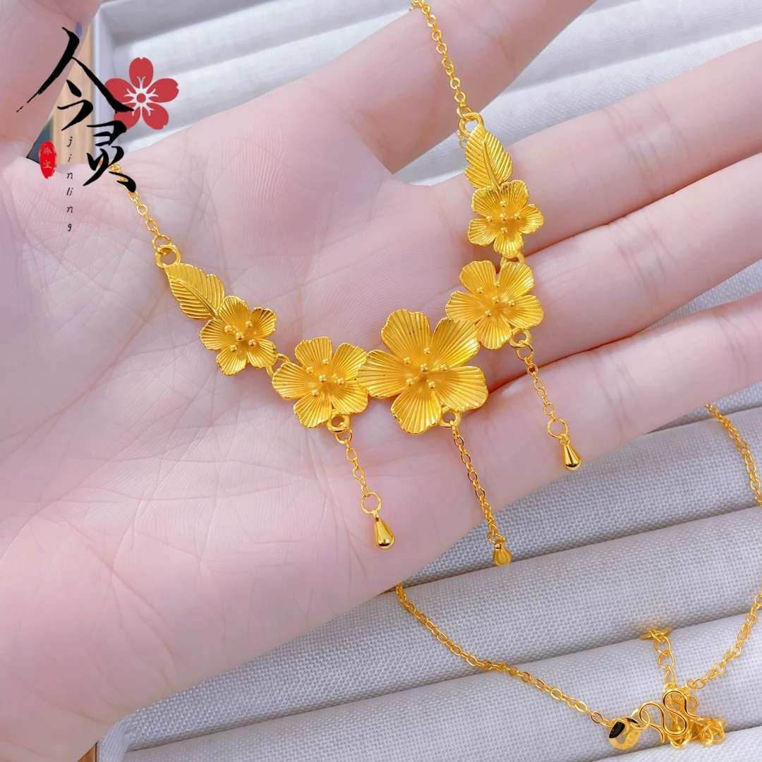 Luxury 24K 9999 Pure Gold real gold Gold shop with flowers like brocade necklace women's flower chain