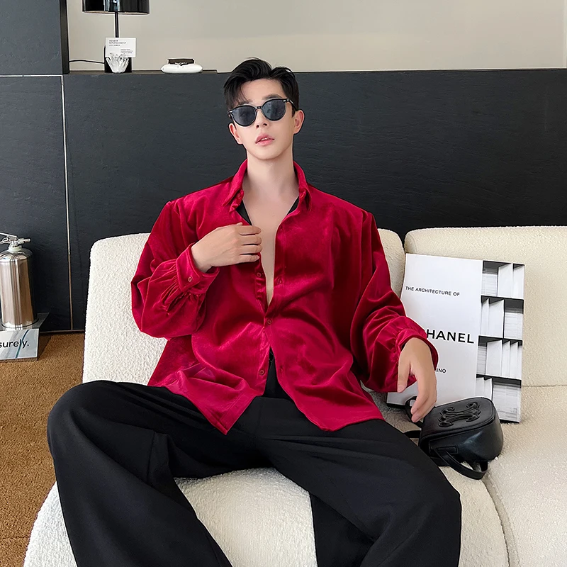 

Модная мужская рубашка из бархата цвета красного вина, корейский стиль, свободный крой, с длинными рукавами, осенняя, трендовая, молодежная, повседневная рубашка