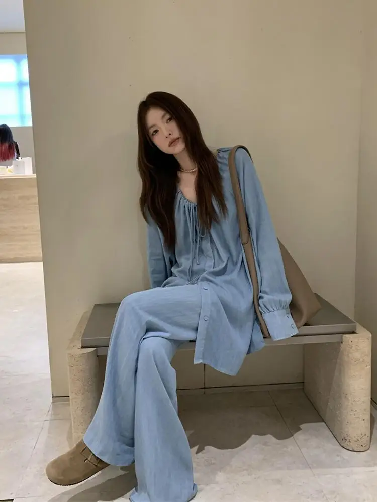 

Arnapan Island Blue Loose Lazy Netie irt plus Draped Wide Leg Pants Women's Faion Set Casual Sle Long Sve V-Ne P...