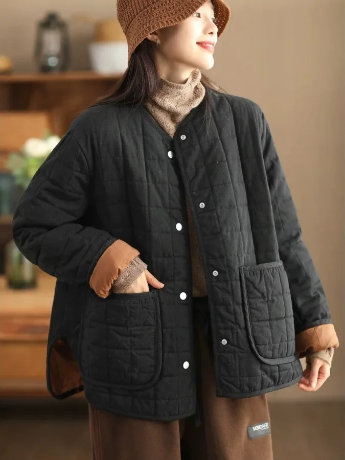 

Retro Thiened Cotton Jaet Women's Autumn Winter Pure Cotton Filling round Ne Warm Coat Retro Sle Long Sve Single B...