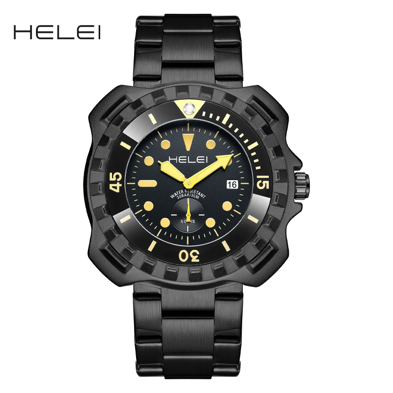 HELEI Fashion new sports casual quartz watch date Stainless steel strap men's wristwatch