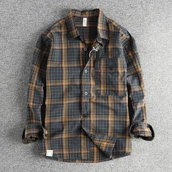 American Retro Men's Long Sleeve Shirt with Chest Pocket Autumn Breathable Plaid Woven Washed Long Sleeve Shirt Male Clothes