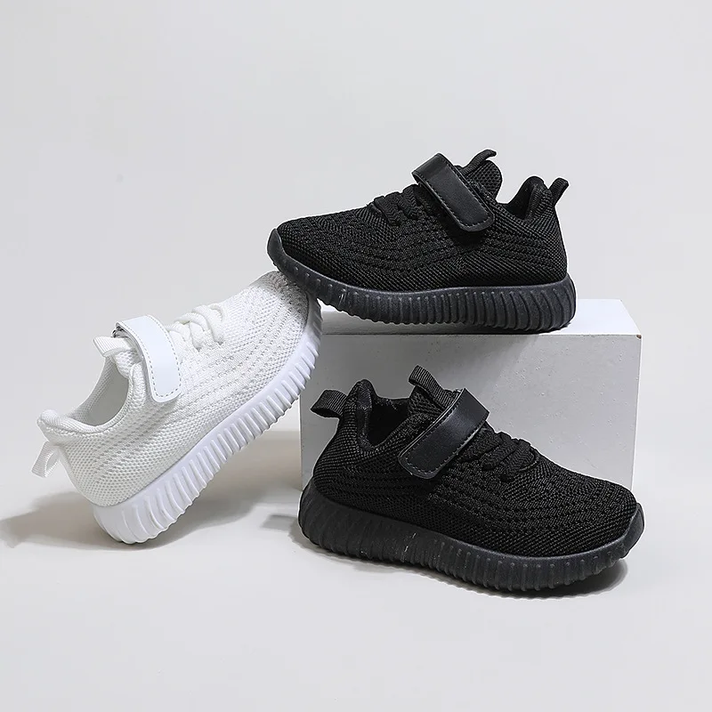 Children Breatheable Simple Boys Sneakers Solid Color Black Beige School Shoes for Girls Hook & Loop Kids Shoes Cute Versatile