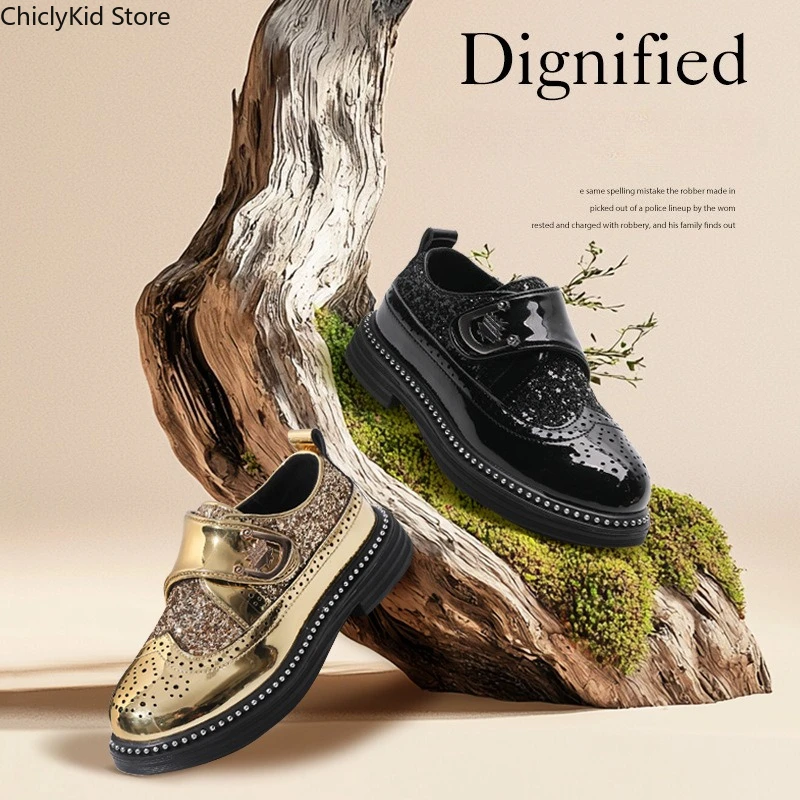 Kids Shiny Hollow Out Silver Shoes Boys Party Wedding Dance Leather Shoe Dress Toddler Fashion Children Shoes Flat Golden Autumn