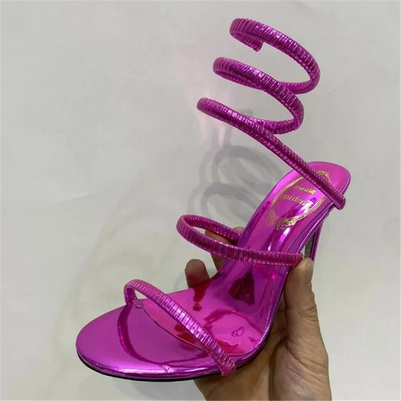 Sexy Snake Shape Circle Mules High Heel Party Shoes Women Runway Stilettos Crystal Gladiator Sandals size 34 46