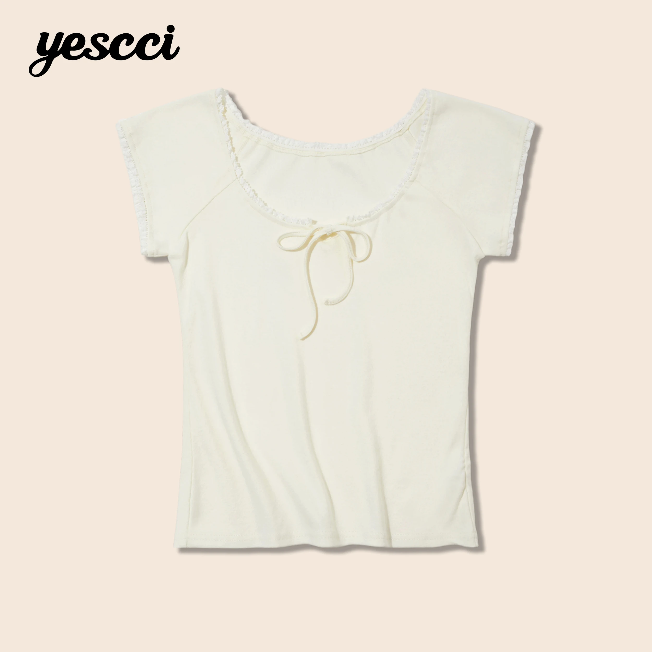 YESCCI Women's Tee Shirt 2026 Summer New U Neck Lace Trim Knit Top Slim Fit Soft Stretch Casual Short Sleeve T Shirt S56311752