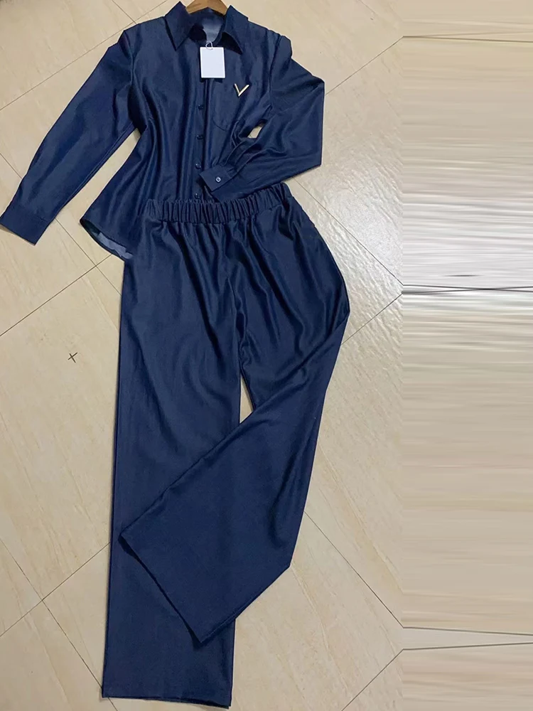 Luxury blue jeans single-breasted long sleeve 2024 autumn new women\'s two-piece suit+high waist straight trousers fashion suit.