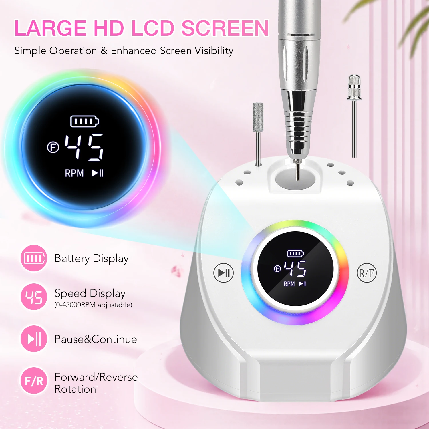 ماكينة حفر أظافر كهربائية احترافية قابلة لإعادة الشحن 45000 دورة في الدقيقة مع قاعدة مبرد أظافر لاسلكي محمول لإزالة أظافر جل الأكريليك #5