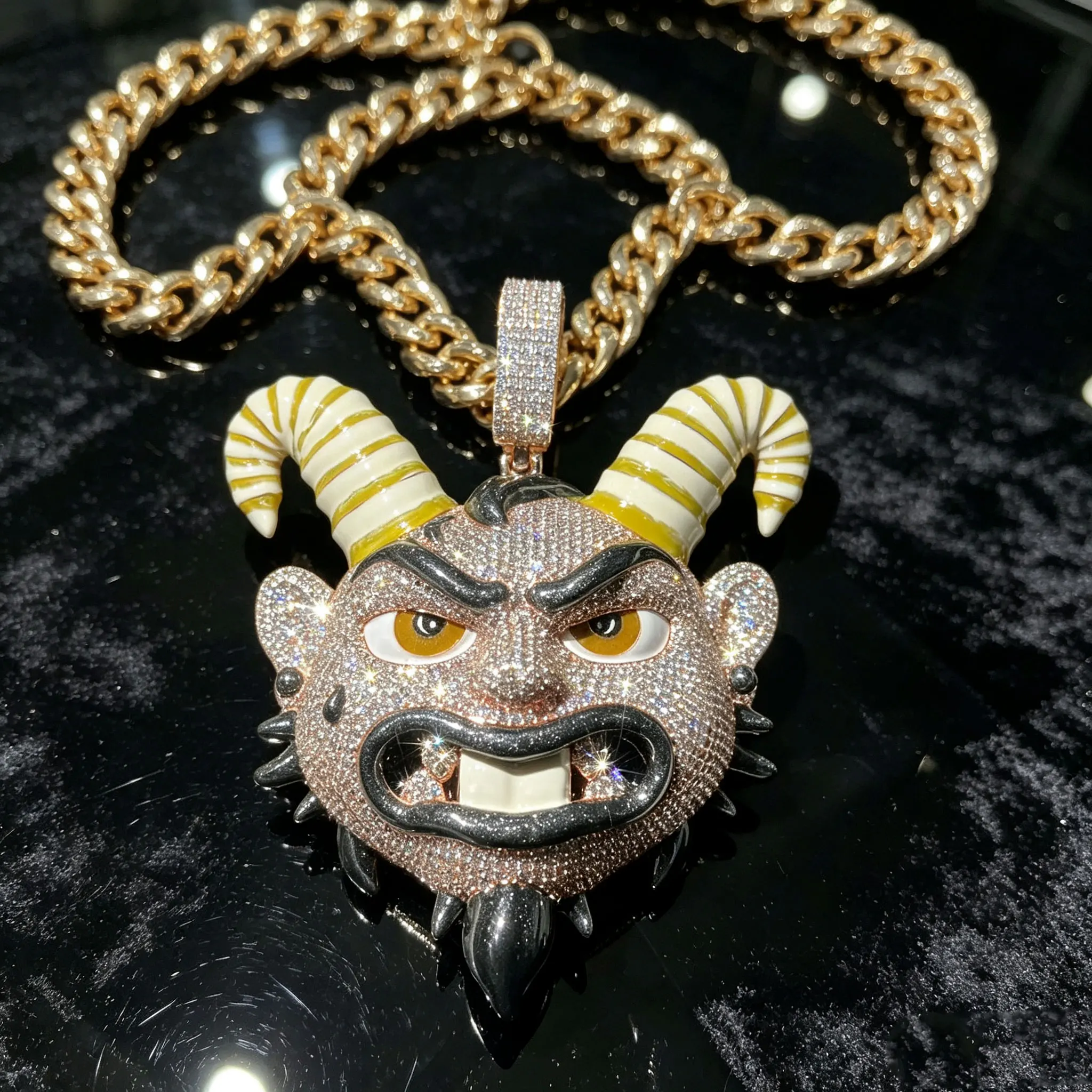 Iced Out 3D Goblin Demon Head Pendant Rose Gold Plated Full Micro Pave CZ Zircon Enamel Striped Horn Cartoon Character Charm Hip Hop Bling Necklace Jewelry Mens Womens Rapper Club Birthday Gift