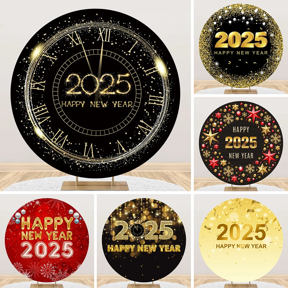 2025 New Year Round Background Clock Fireworks Champagne Celebrate New Year Night Home Party Decor Backdrop Cake Table Banner