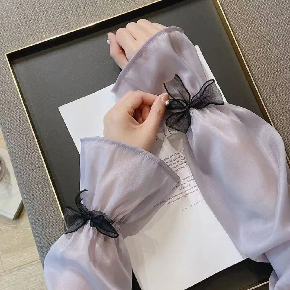 Cute Ice Silk Women's Sun Protection Sleeves Loose Fit Fairy Style Arm Sleeve Bow Decor UV Protection Ice Sleeves Summer Outdoor