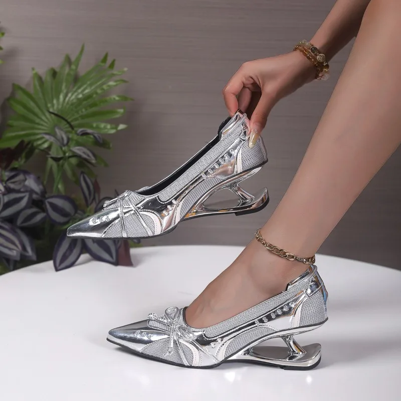 Special Heel Spliced Heels Pointed Toe Heels Women's Fashion Shallow Mouth Bow Non-Slip Mary Jane Single Shoes