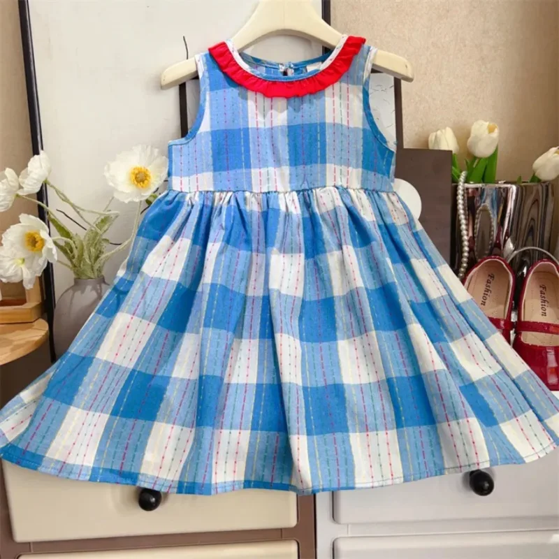 Girls' summer dress new style princess dress for girls, children's forest-style stylish plaid baby tank dress