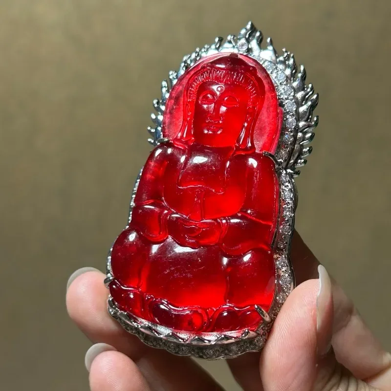 

Natural High Ice Quartzite Jade Red Guanyin Pendant Necklace
