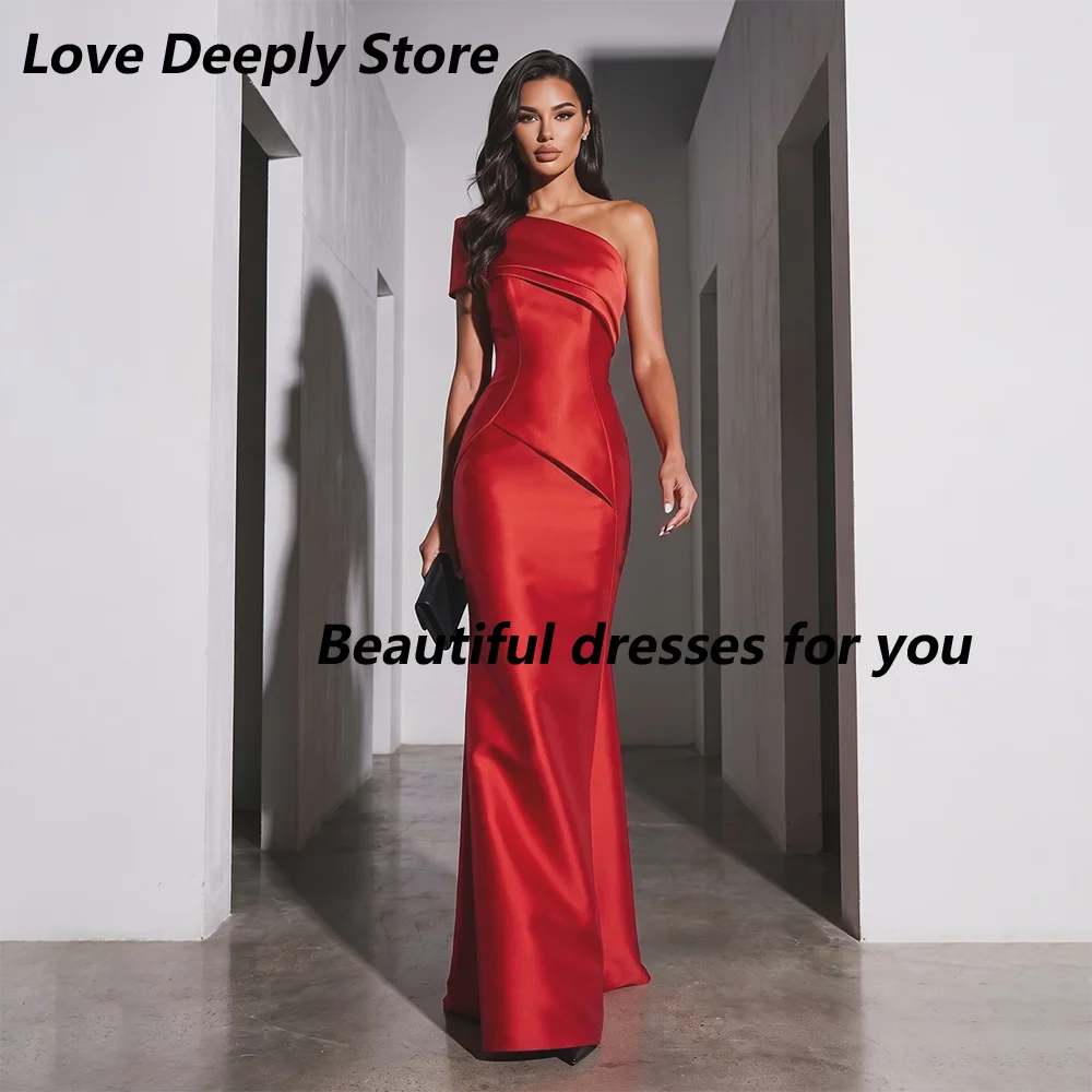 Red Evening Dress Customized One Shoulder Pleat Satin Mermaid Prom Gown Floor Length Party Dresses Wedding Guest Dress image 2