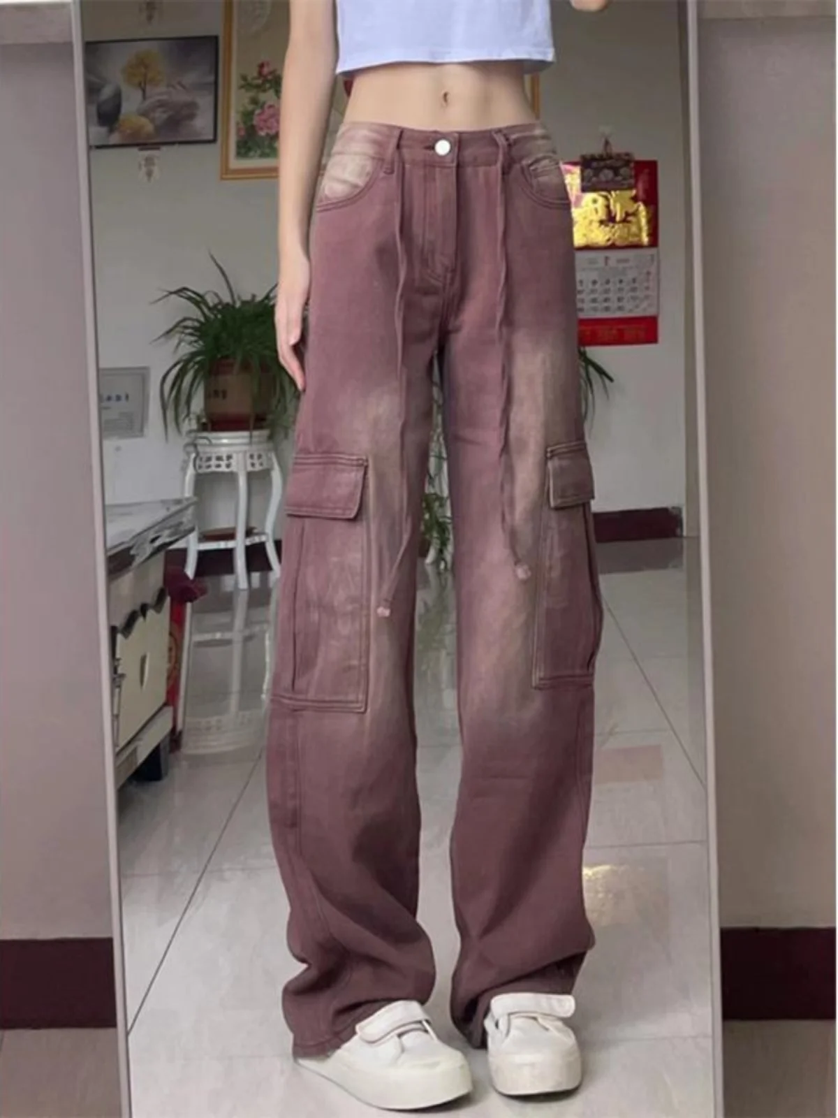 

Брюки для рабочей одежды American Sle adient Dstring, свободные широкие джинсы с высокой талией, женские брюки прямого кроя в стиле ретро