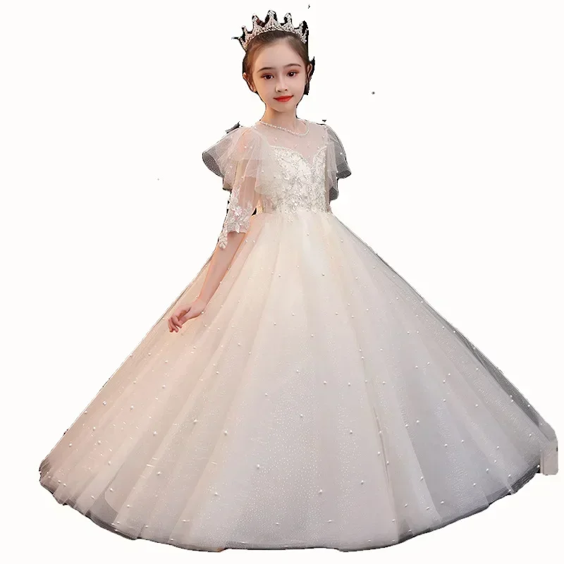 Flower Girl Host\'s Walk Show Piano Performance Fashionable Fluffy Yarn, Fairy Air, Mid sleeved Children\'s Dress