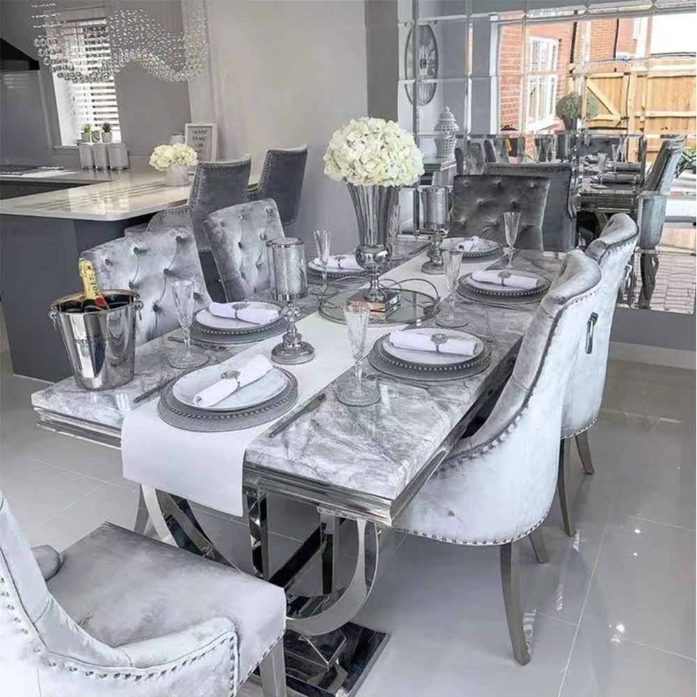 Modern Luxury Kitchen Restaurant Tables and 6 Chairs Sets Grey High End Marble Dining Table Set for Home