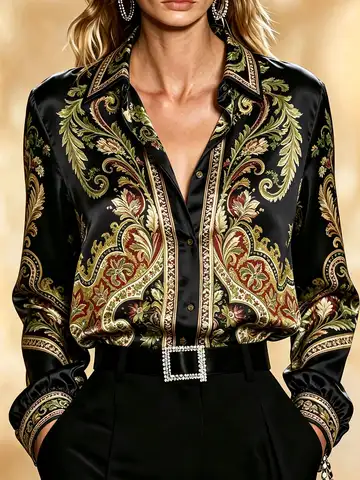 Women Long Sleeve Button‑Up Shirt Baroque Scroll Floral Print Turn‑Down Collar Satin Blouse Tops