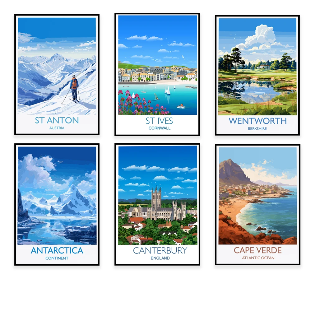 Wye Valley, Abu Dhabi, Southend on Sea, Barmouth, Canterbury, Costa Amalfi, São Ives, St Anton Esqui, Pôster de viagem da Antártica