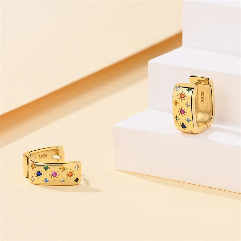 Retro 925 Sterling Silver Colored Starry Gold Square Earrings For Women\'s Wedding Parties Jewelry Accessories S925