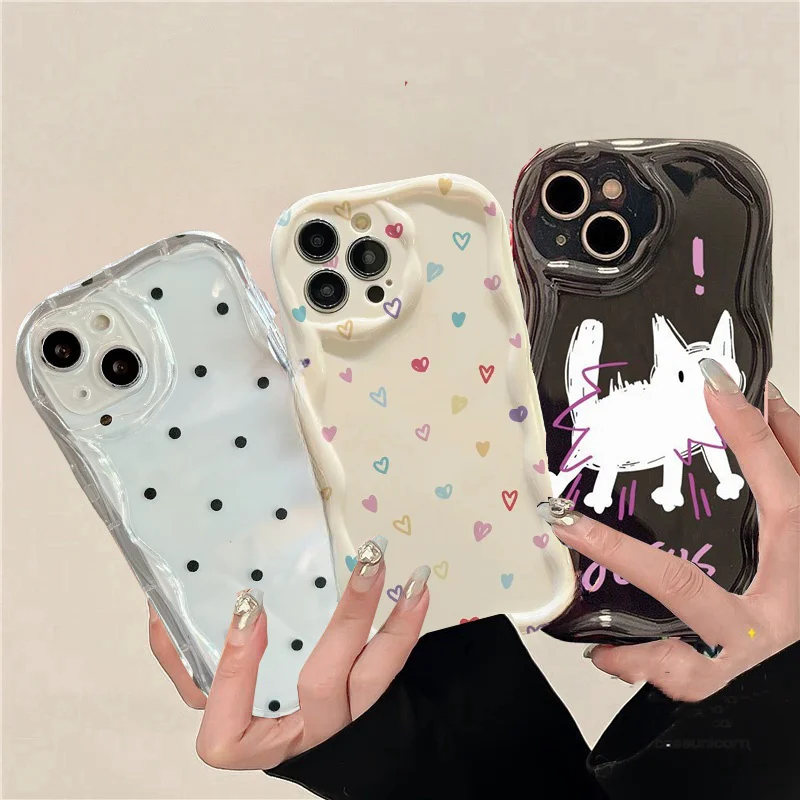 Cream Wavy Edge Phone Case for IPhone 14 Pro Max 13 12 11 15 Pro Max XS XR 7 8 Plus 6 6S Cute Cat Love Heart Silicone Soft Cover