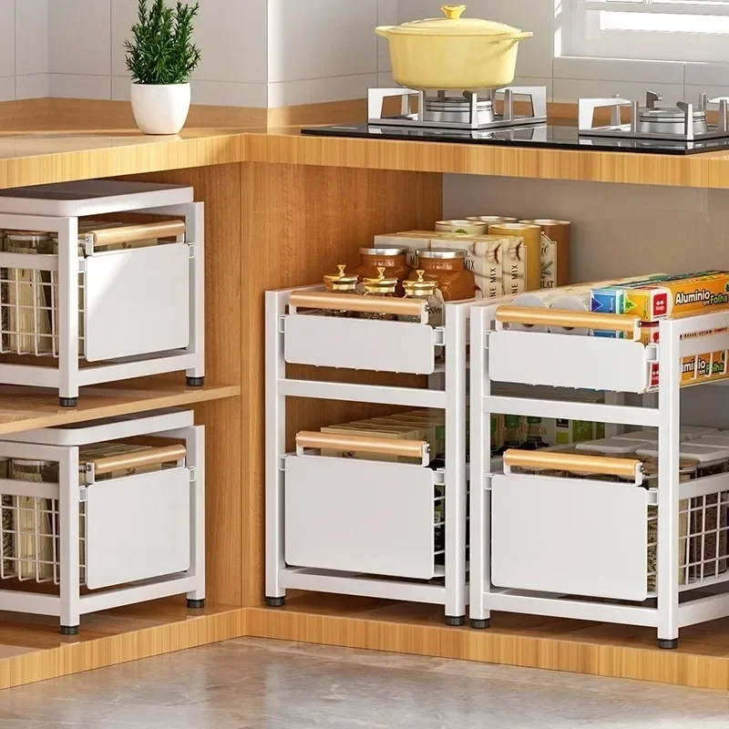 2-Tier Kitchen Cabinet Pull-Out Storage Rack Slide-Out Basket for Under Sink Spice Rack Household Storage Box