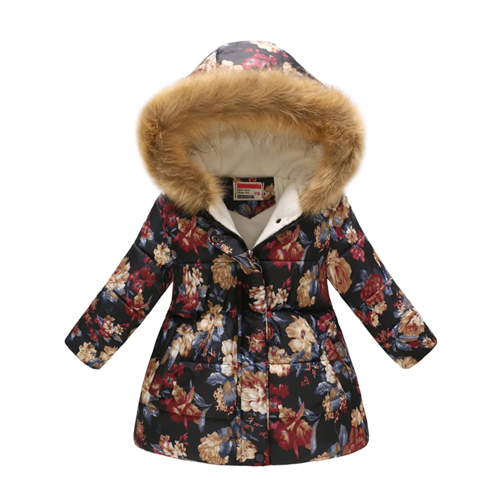 New Kids Hooded Jacket Girls Winter Warm Coat Artificial Fur Children\'s Clothes Cute Cartoon Fox Print Thicken Autumn Outerwear