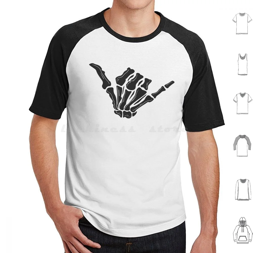 Camiseta holgada con forma de mano de esqueleto para colgar, camiseta fresca de algodón 6xl, esqueleto para colgar, mano suelta, huesos Shaka, calavera, Cool Hawaii, negro, Halloween