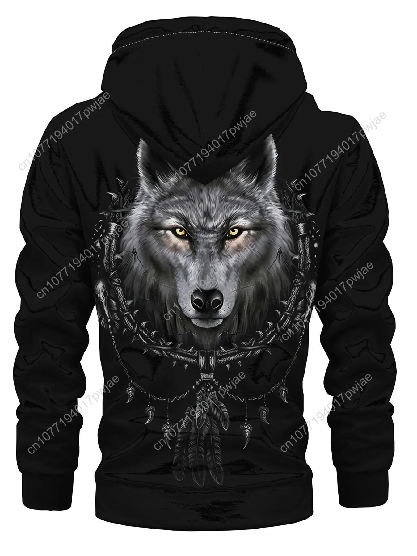Giacca in pile da uomo con stampa lupo 1 pezzo con tasca a marsupio, felpa sportiva casual, tessuto lavorato a maglia in poliestere, manica lunga, coulisse, Z