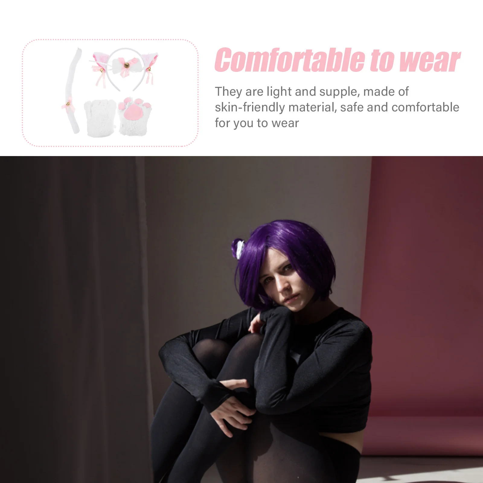 ชุดอุปกรณ์แต่งกายแมว 1 ชุด ประกอบด้วยถุงมือลายอุ้งเท้าแมว โบว์ผูกผม ที่คาดผมหูแมว หางยาว อุปกรณ์เสริมสำหรับงานปาร์ตี้ฮาโลวีน สำหรับผู้หญิง