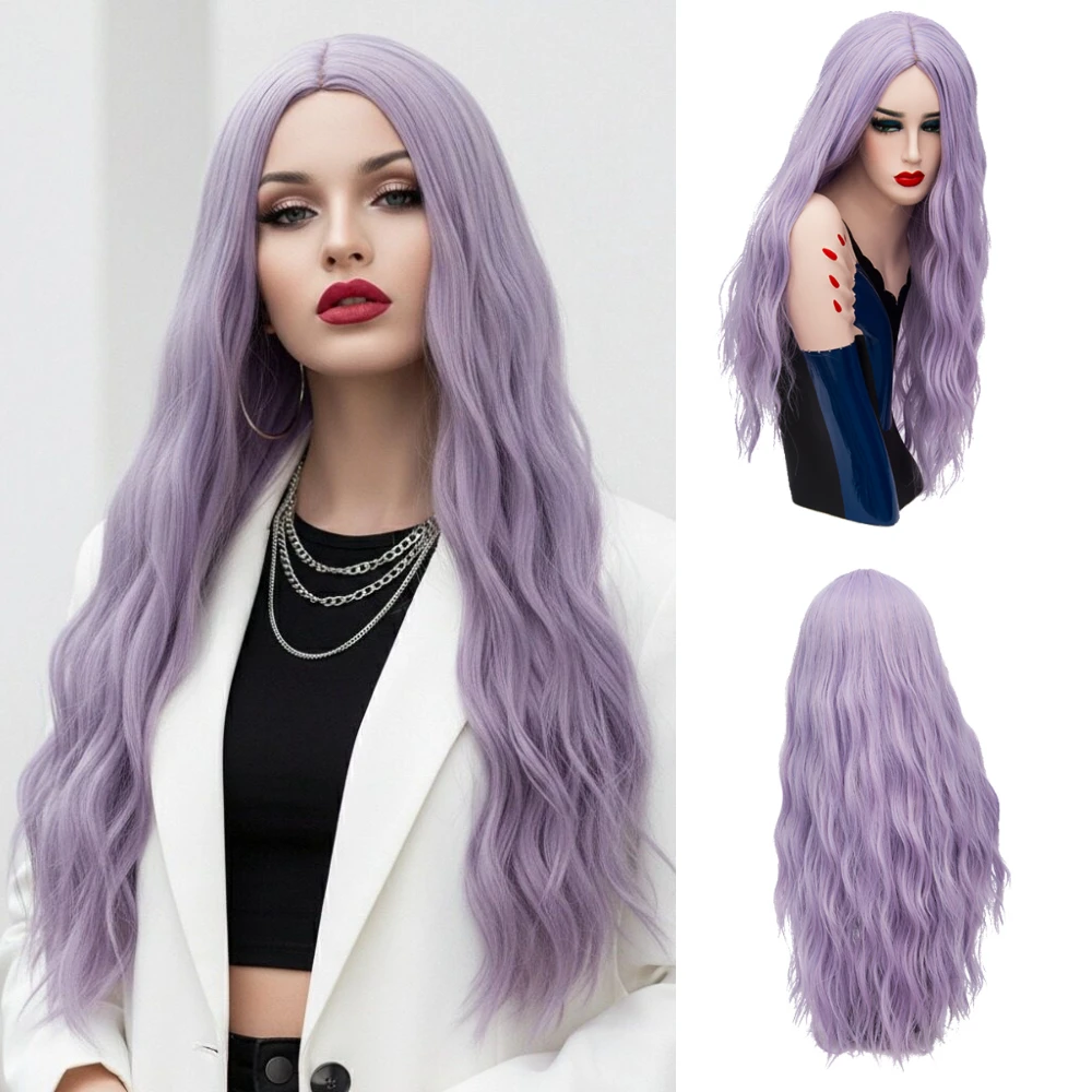 Long Wavy Purple Middle Part Wig for Women Synthetic Heat Resistant for Halloween Cosplay & Casual Glam Looks