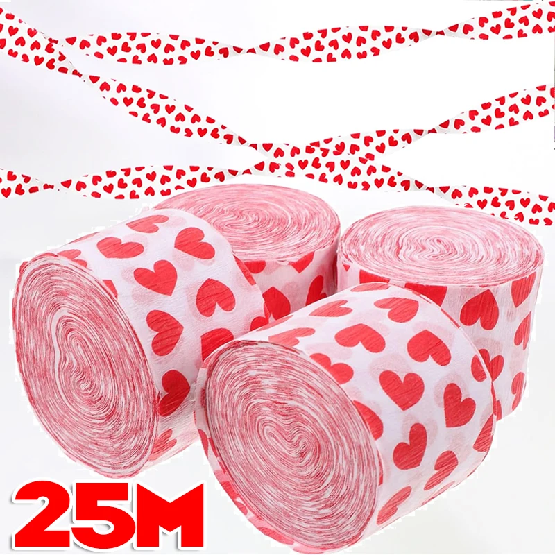 1/6Pcs 25M Valentines Day Crepe Paper Ribbon Roll Heart Pattern Red Streamers Pendant Wedding Anniversary Celebration Decoration