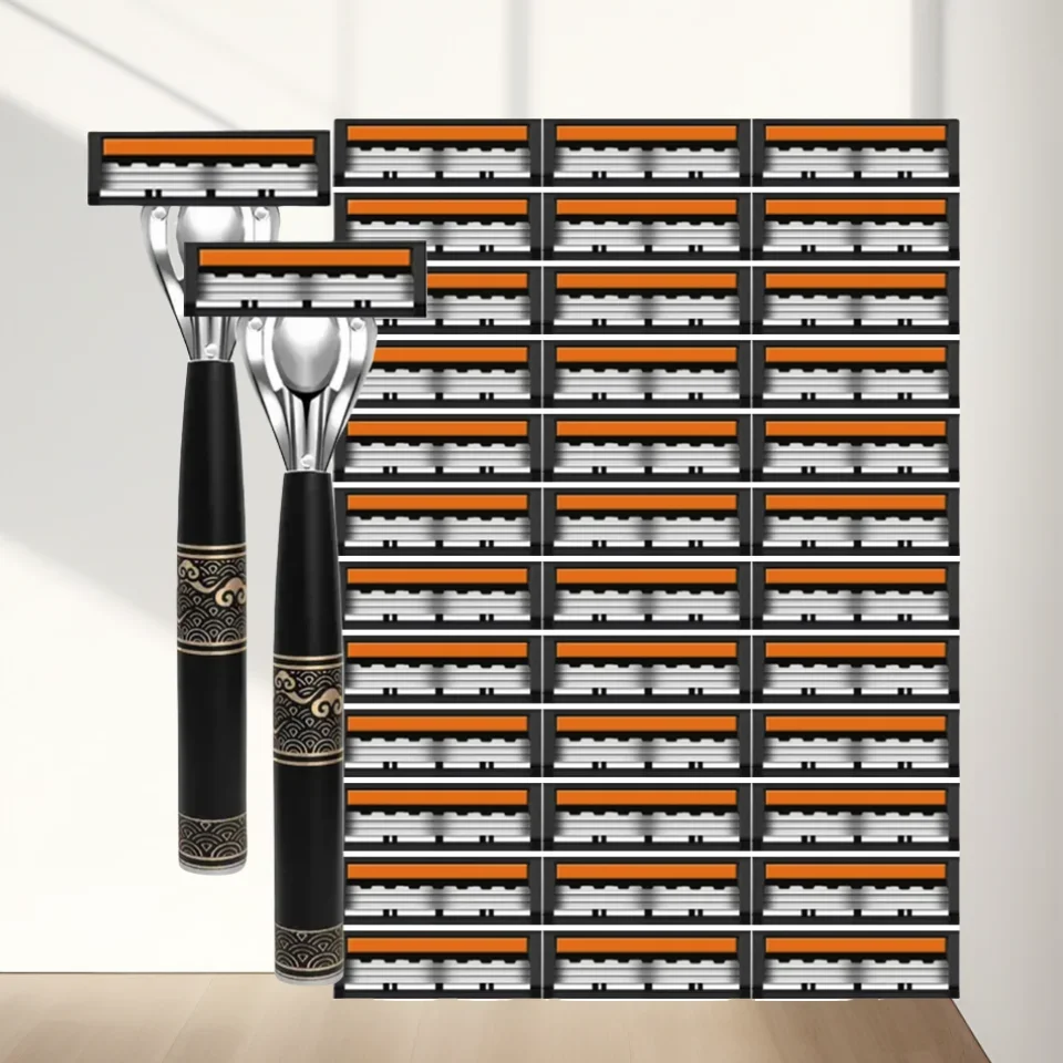 

Men's 3-Blade Manual Razor with Non-Slip Handle and Multiple Replacement Blades - Ideal for Trimming Beards and Mustaches