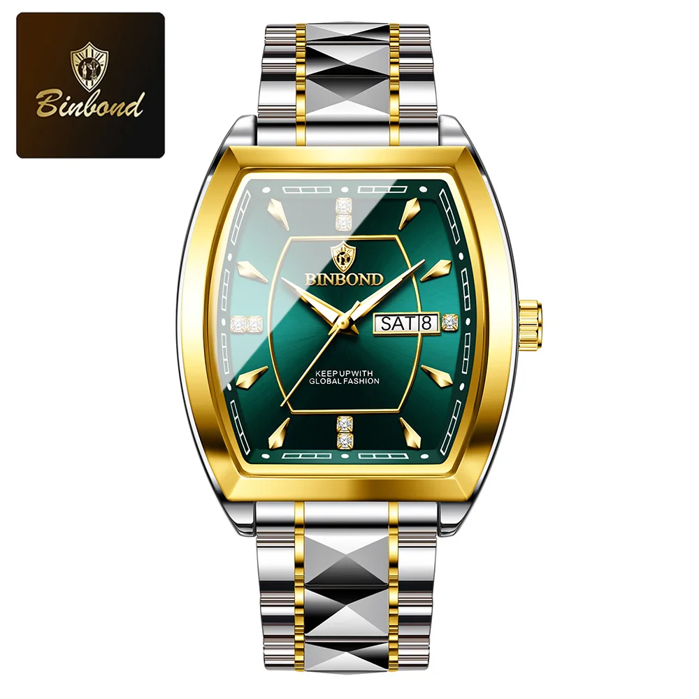 Binbond relógio masculino de luxo de aço inoxidável com pulseira luminosa à prova d'água data e semana relógio de moda masculina relógio de quartzo