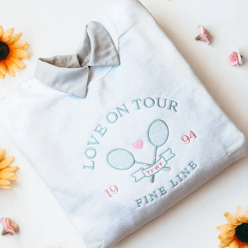 American Vintage Tennis Embroidered 80s 90s Spring Autumn Aesthetic Pullovers White Loose Cotton Crewneck Ins Women Sweatshirts