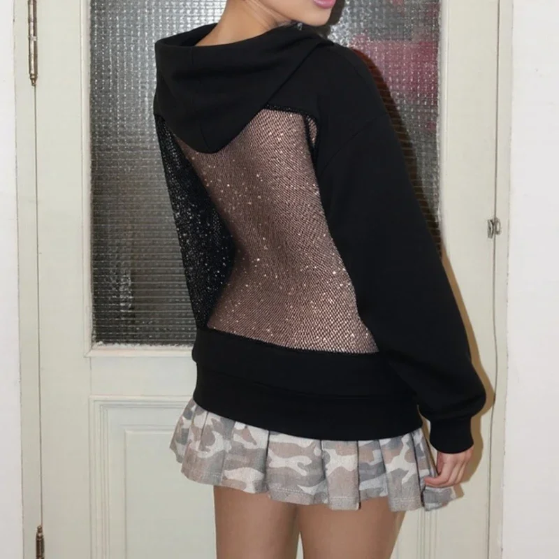 

Y2K New Sexy Hollow Mesh Hoodie Jacket American Gothic Women's Fashion Translucent Pullover Sweatshirt Casual Long Sleeve
