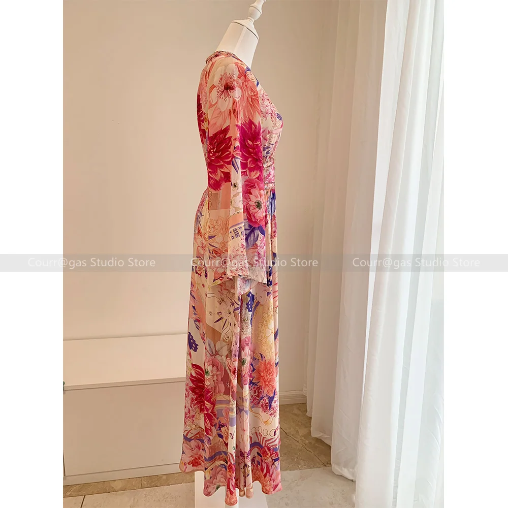 2024 Spring/Summer Romantic Holiday Style French V-Neck Pink Printed Flower Silk with Diamonds Goddess Long Fairy Dresses