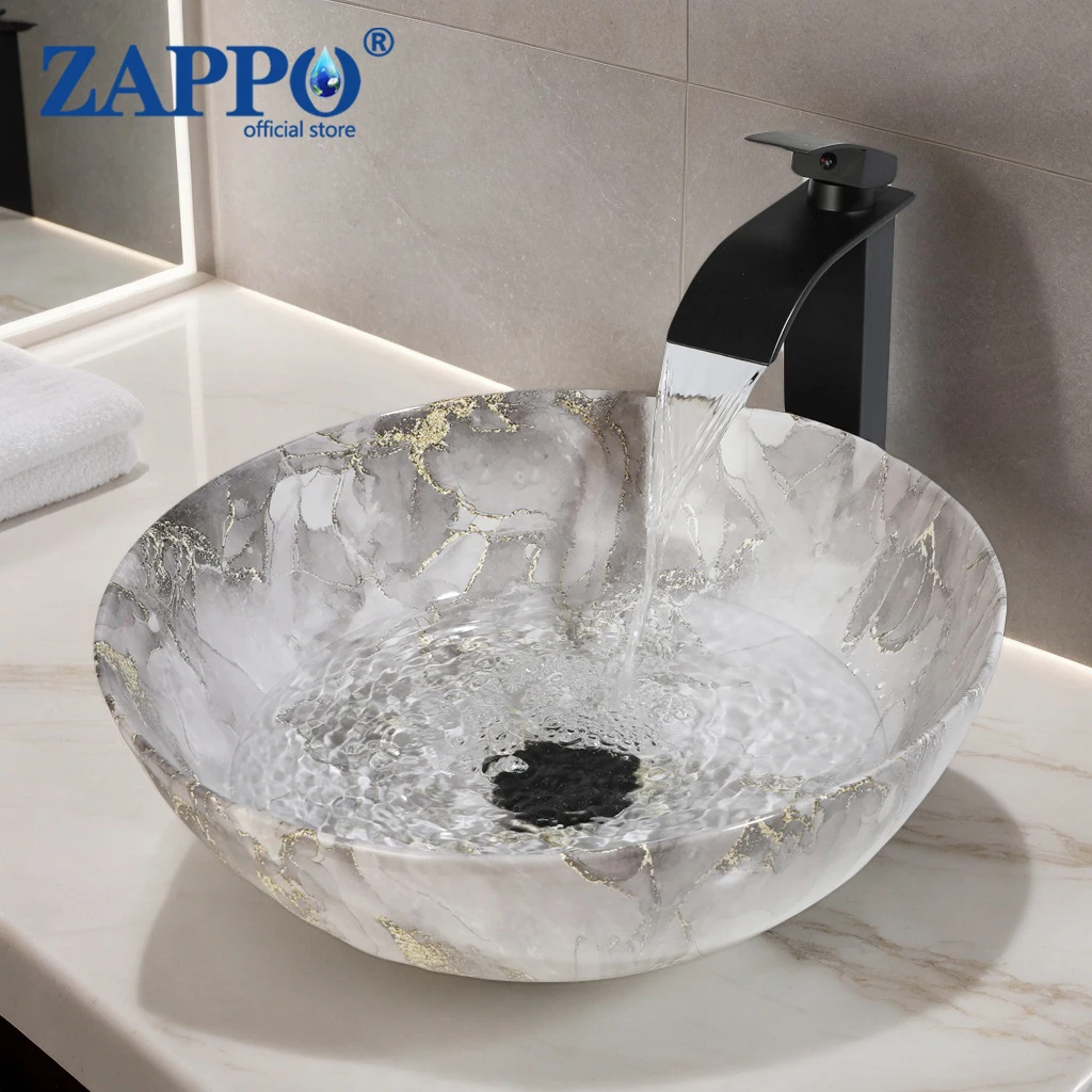 

ZAPPO Marbling Vessel Sink With Black Faucet Round Ceramic Basin Bowls Above Counter Bowl Sinks for Bathrooms Gray and Gold Foil