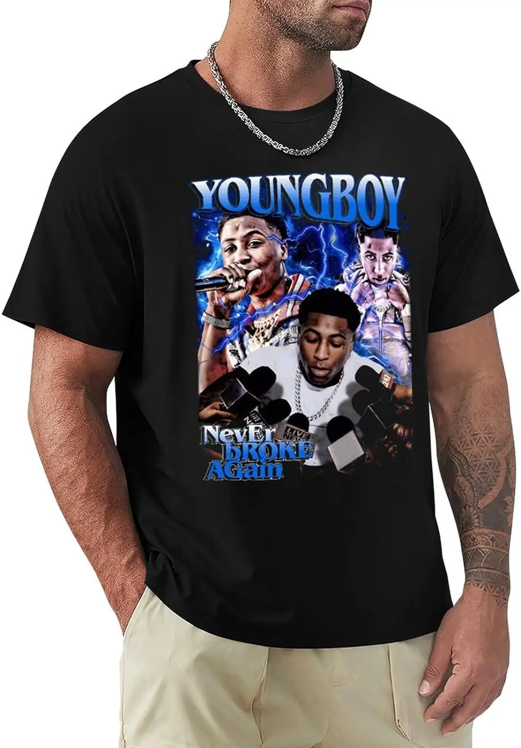 Men's T-Shirt YoungBoy Never Rapper Broke Again Cotton Shirts Short Sleeve Tee for Mens Black Large